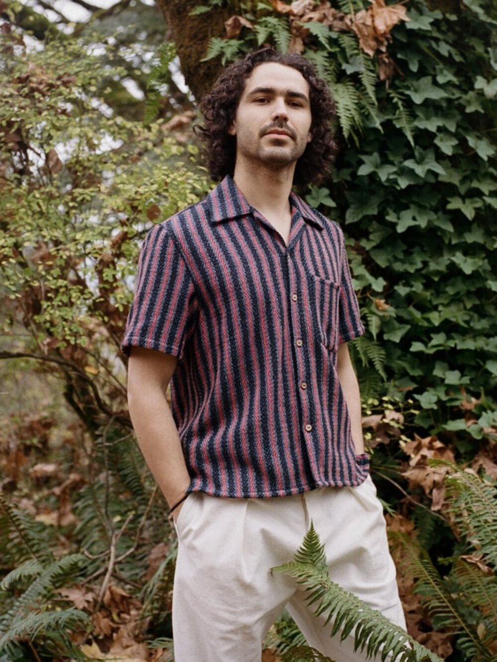 Graziano and Gutierrez Handmade Tabio Striped Camp Collar Shirt $380 MSRP